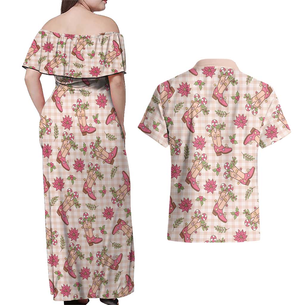 Beige Paniolo Palaka Hawaiian Cowgirl Christmas Couples Matching Off Shoulder Maxi Dress and Hawaiian Shirt LT9 - Polynesian Pride