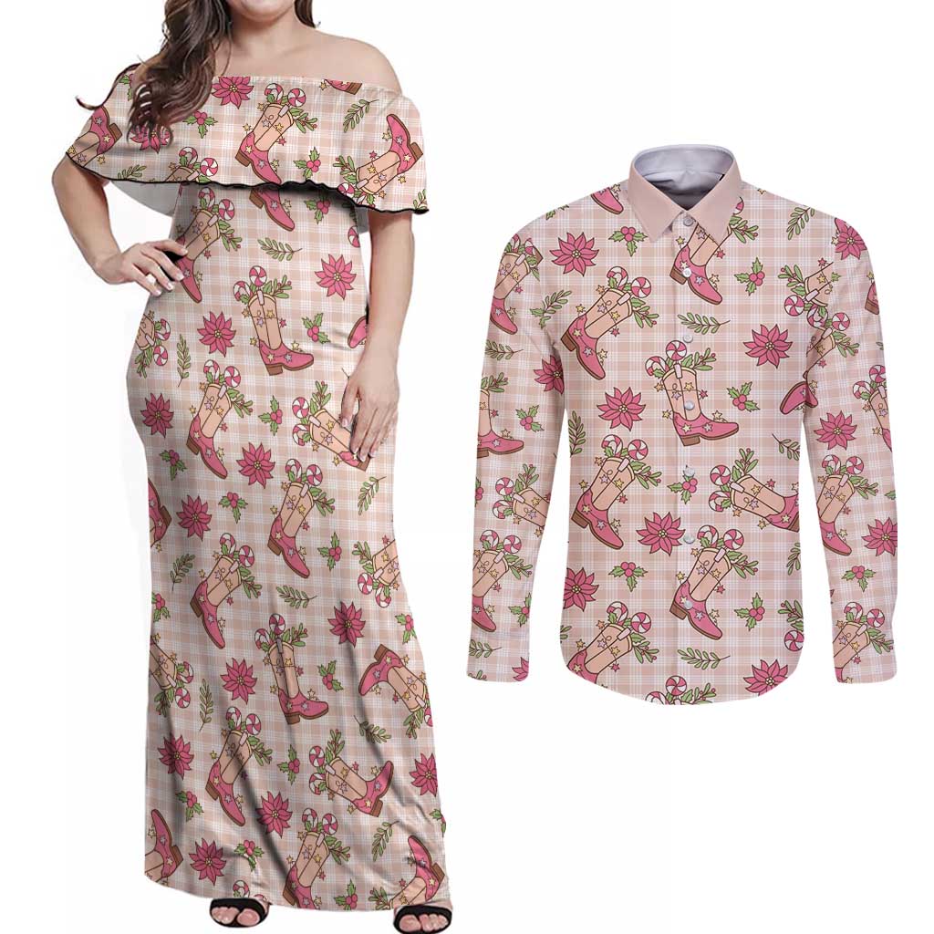 Beige Paniolo Palaka Hawaiian Cowgirl Christmas Couples Matching Off Shoulder Maxi Dress and Long Sleeve Button Shirt - Polynesian Pride