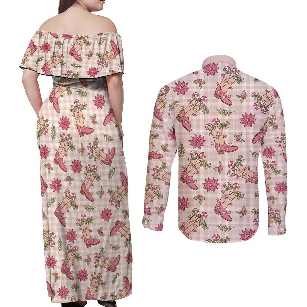 Beige Paniolo Palaka Hawaiian Cowgirl Christmas Couples Matching Off Shoulder Maxi Dress and Long Sleeve Button Shirt LT9 - Polynesian Pride