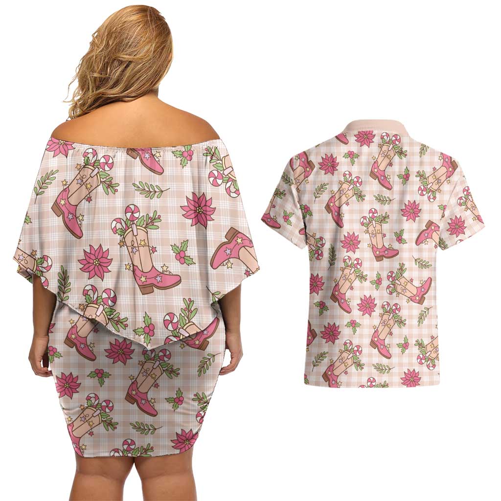 Beige Paniolo Palaka Hawaiian Cowgirl Christmas Couples Matching Off Shoulder Short Dress and Hawaiian Shirt LT9 - Polynesian Pride
