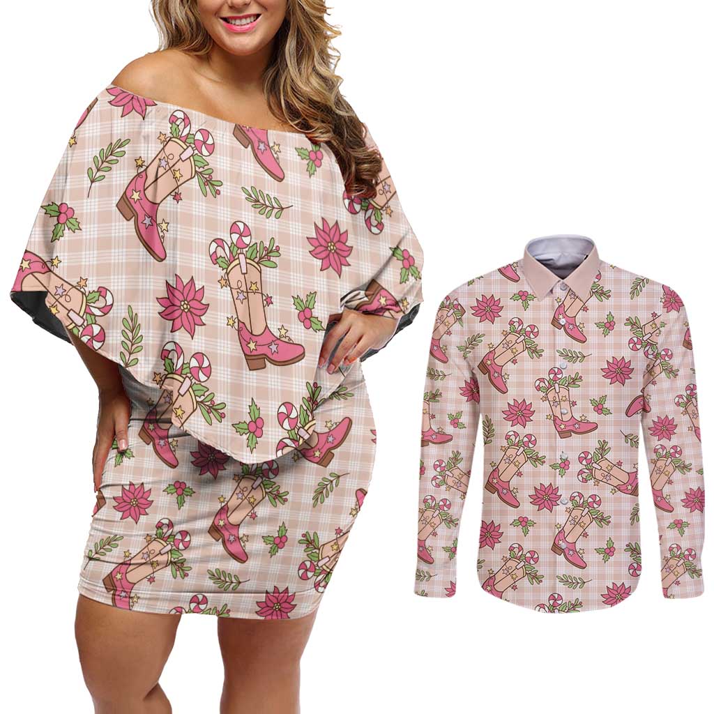 Beige Paniolo Palaka Hawaiian Cowgirl Christmas Couples Matching Off Shoulder Short Dress and Long Sleeve Button Shirt LT9 Beige - Polynesian Pride