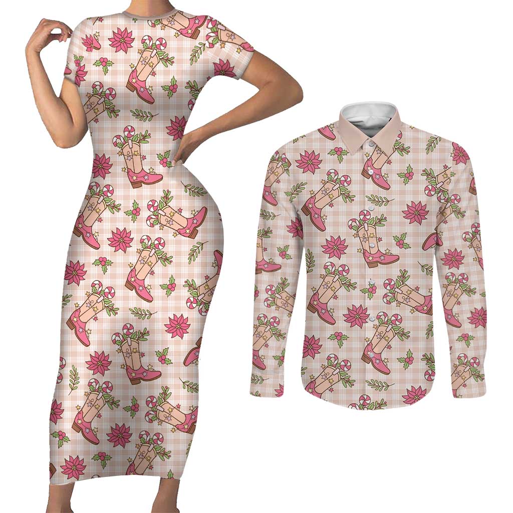 Beige Paniolo Palaka Hawaiian Cowgirl Christmas Couples Matching Short Sleeve Bodycon Dress and Long Sleeve Button Shirt LT9 Beige - Polynesian Pride