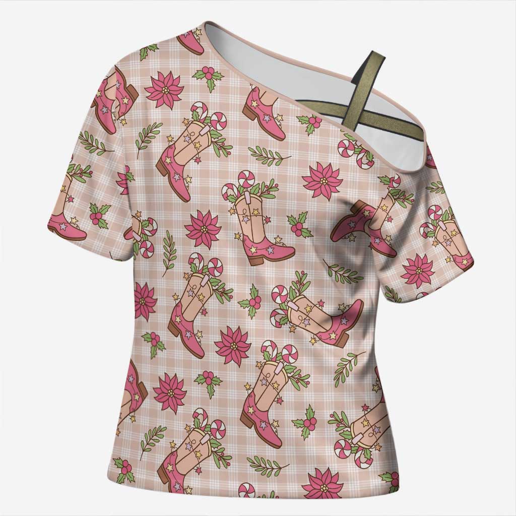 Beige Paniolo Palaka Hawaiian Cowgirl Christmas Cross Shoulder Shirt - Polynesian Pride