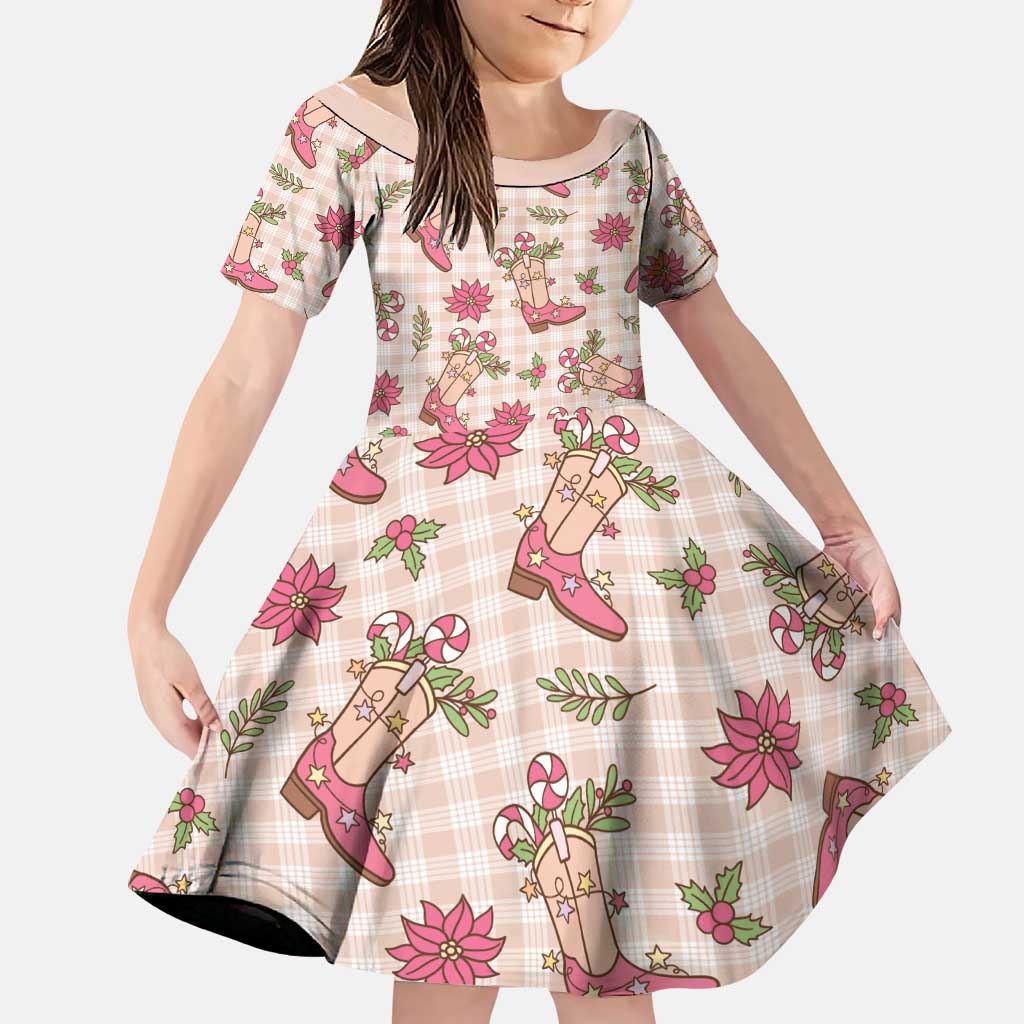 Beige Paniolo Palaka Hawaiian Cowgirl Christmas Family Matching Long Sleeve Bodycon Dress and Hawaiian Shirt LT9 Daughter's Dress Beige - Polynesian Pride