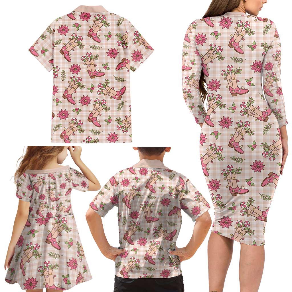 Beige Paniolo Palaka Hawaiian Cowgirl Christmas Family Matching Long Sleeve Bodycon Dress and Hawaiian Shirt LT9 - Polynesian Pride