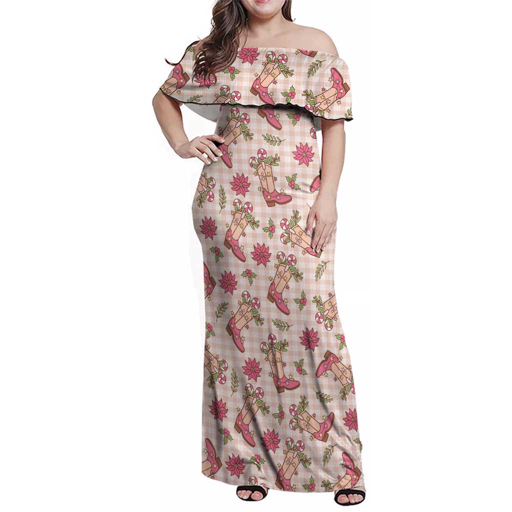 Beige Paniolo Palaka Hawaiian Cowgirl Christmas Family Matching Off Shoulder Maxi Dress and Hawaiian Shirt LT9 Mom's Dress Beige - Polynesian Pride