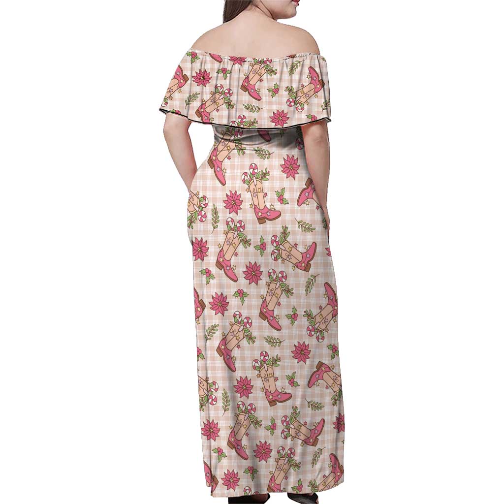 Beige Paniolo Palaka Hawaiian Cowgirl Christmas Family Matching Off Shoulder Maxi Dress and Hawaiian Shirt LT9 - Polynesian Pride
