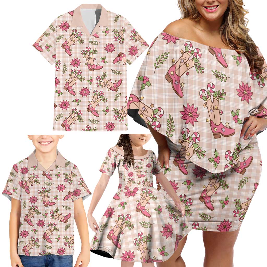 Beige Paniolo Palaka Hawaiian Cowgirl Christmas Family Matching Off Shoulder Short Dress and Hawaiian Shirt - Polynesian Pride