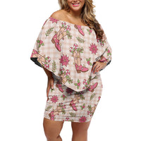Beige Paniolo Palaka Hawaiian Cowgirl Christmas Family Matching Off Shoulder Short Dress and Hawaiian Shirt LT9 Mom's Dress Beige - Polynesian Pride