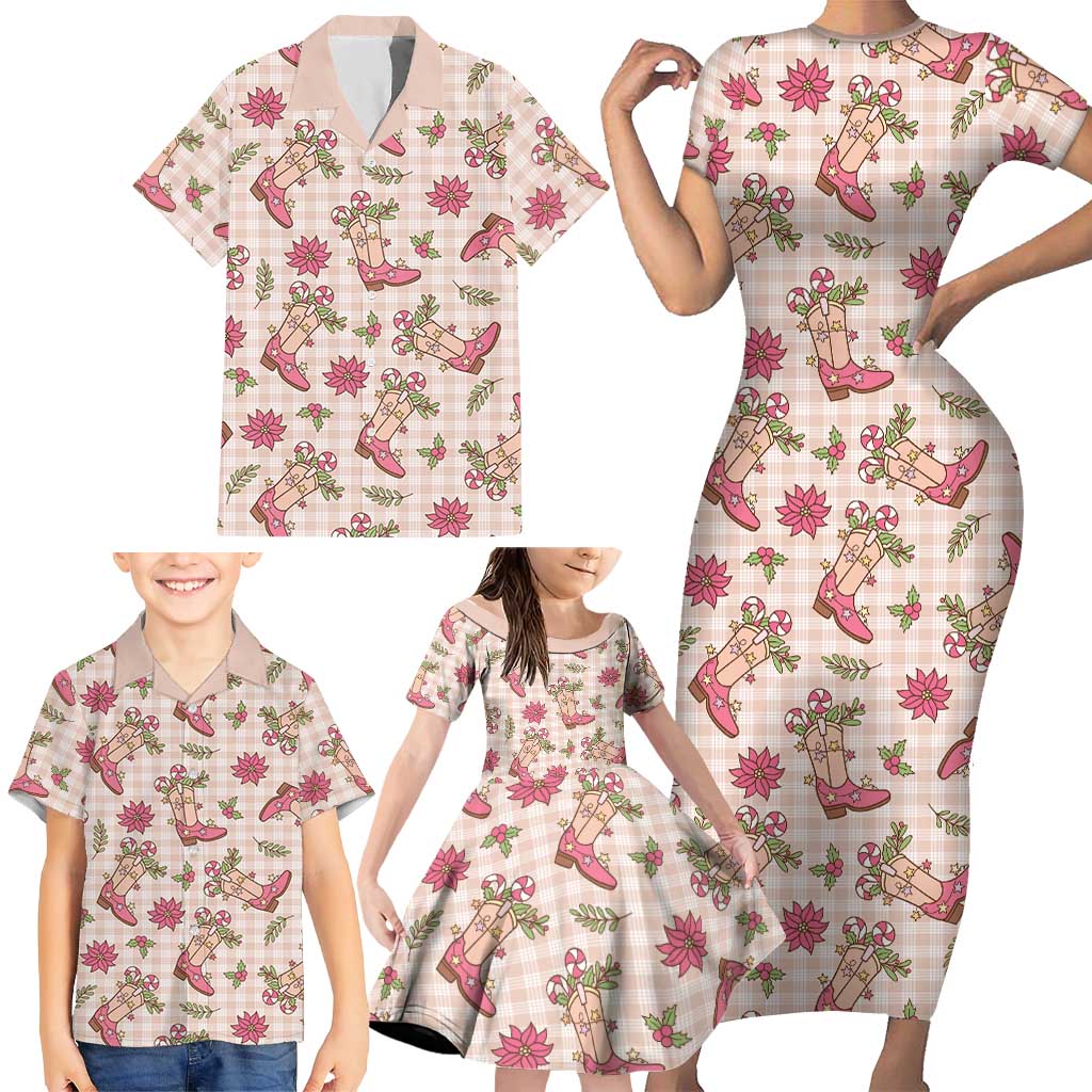 Beige Paniolo Palaka Hawaiian Cowgirl Christmas Family Matching Short Sleeve Bodycon Dress and Hawaiian Shirt - Polynesian Pride