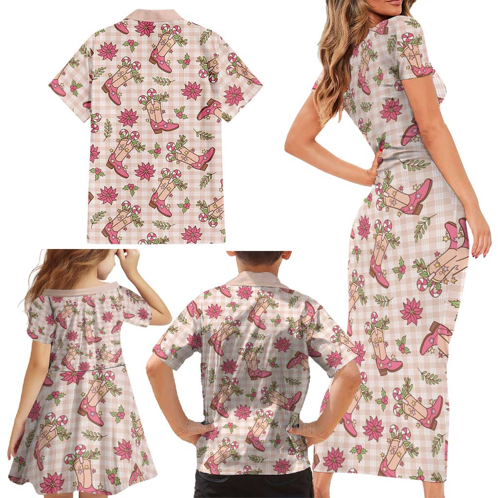 Beige Paniolo Palaka Hawaiian Cowgirl Christmas Family Matching Short Sleeve Bodycon Dress and Hawaiian Shirt LT9 - Polynesian Pride