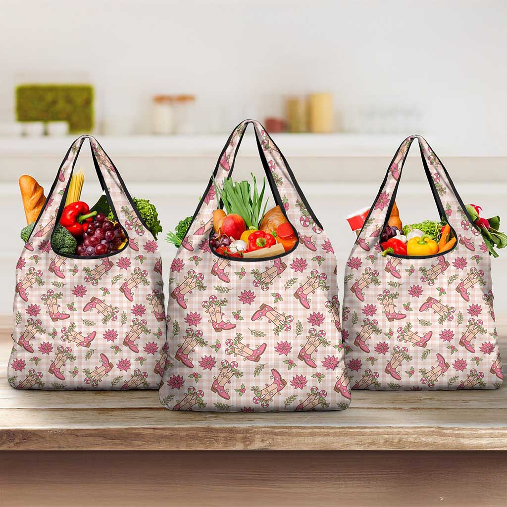 Beige Paniolo Palaka Hawaiian Cowgirl Christmas Grocery Bag - Polynesian Pride