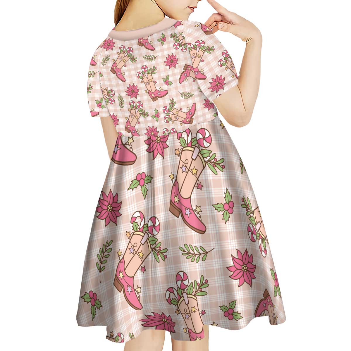 Beige Paniolo Palaka Hawaiian Cowgirl Christmas Kid Short Sleeve Dress LT9 - Polynesian Pride