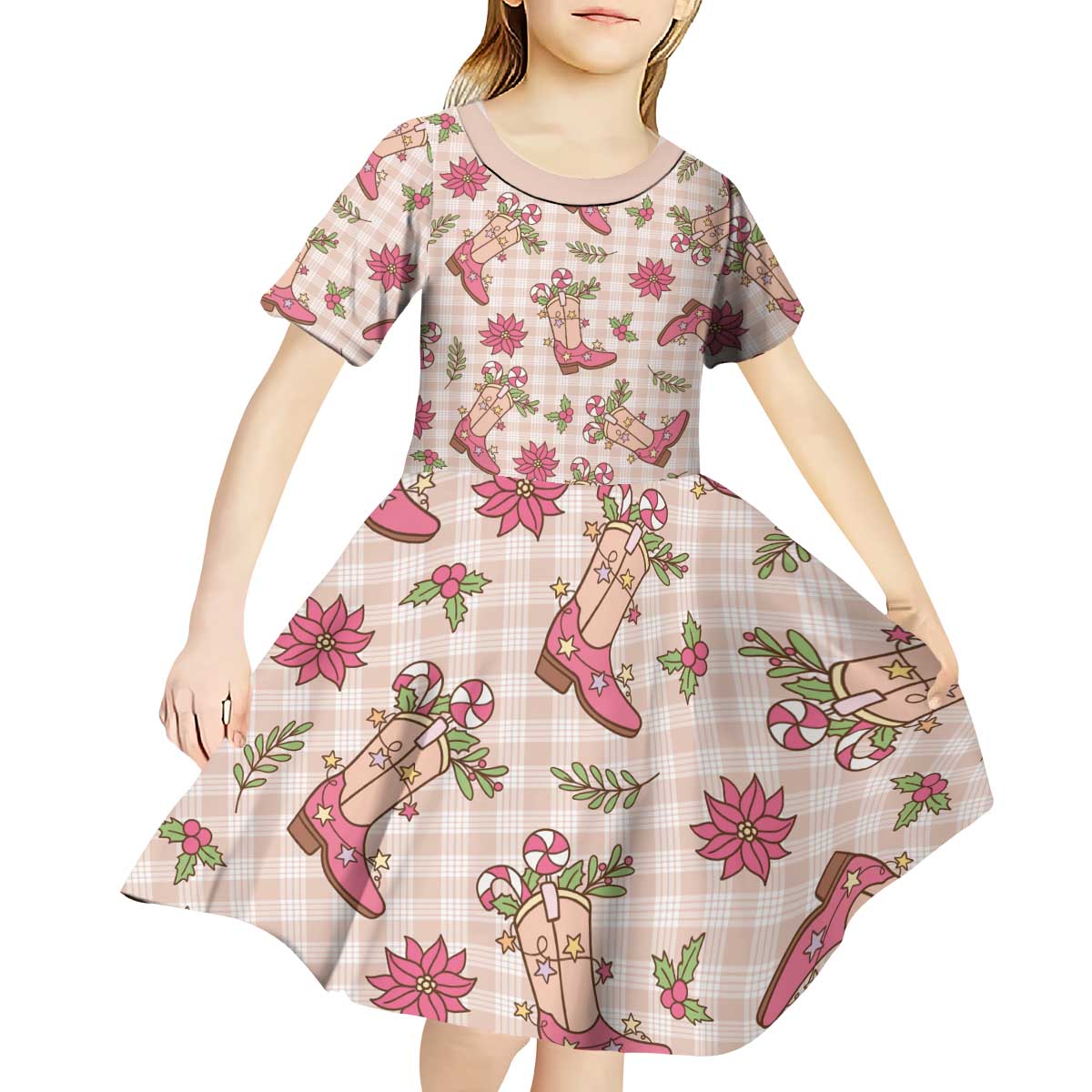 Beige Paniolo Palaka Hawaiian Cowgirl Christmas Kid Short Sleeve Dress LT9 - Polynesian Pride