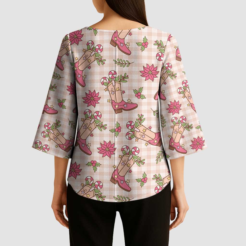 Beige Paniolo Palaka Hawaiian Cowgirl Christmas Kimono Sleeve Blouse - Polynesian Pride