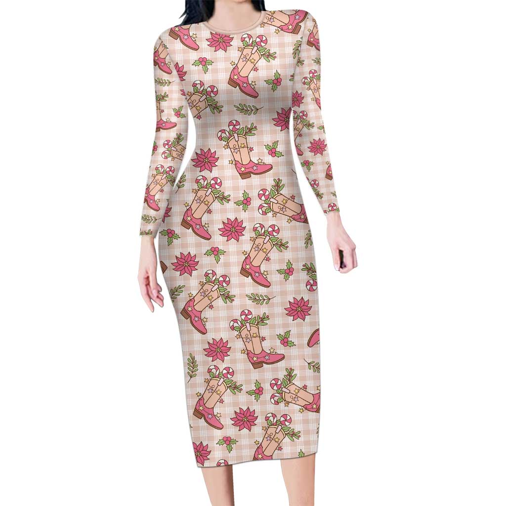 Beige Paniolo Palaka Hawaiian Cowgirl Christmas Long Sleeve Bodycon Dress LT9 Long Dress Beige - Polynesian Pride