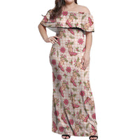 Beige Paniolo Palaka Hawaiian Cowgirl Christmas Off Shoulder Maxi Dress LT9 Women Beige - Polynesian Pride
