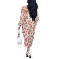 Beige Paniolo Palaka Hawaiian Cowgirl Christmas Off The Shoulder Long Sleeve Dress LT9 - Polynesian Pride