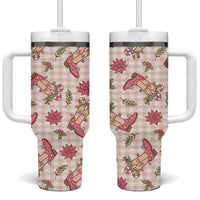 Beige Paniolo Palaka Hawaiian Cowgirl Christmas Tumbler With Handle - Polynesian Pride