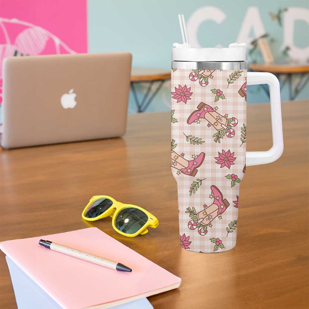 Beige Paniolo Palaka Hawaiian Cowgirl Christmas Tumbler With Handle - Polynesian Pride