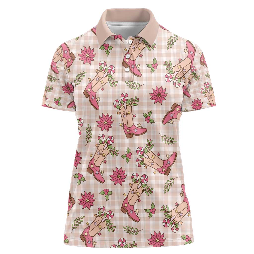 Beige Paniolo Palaka Hawaiian Cowgirl Christmas Women Polo Shirt - Polynesian Pride