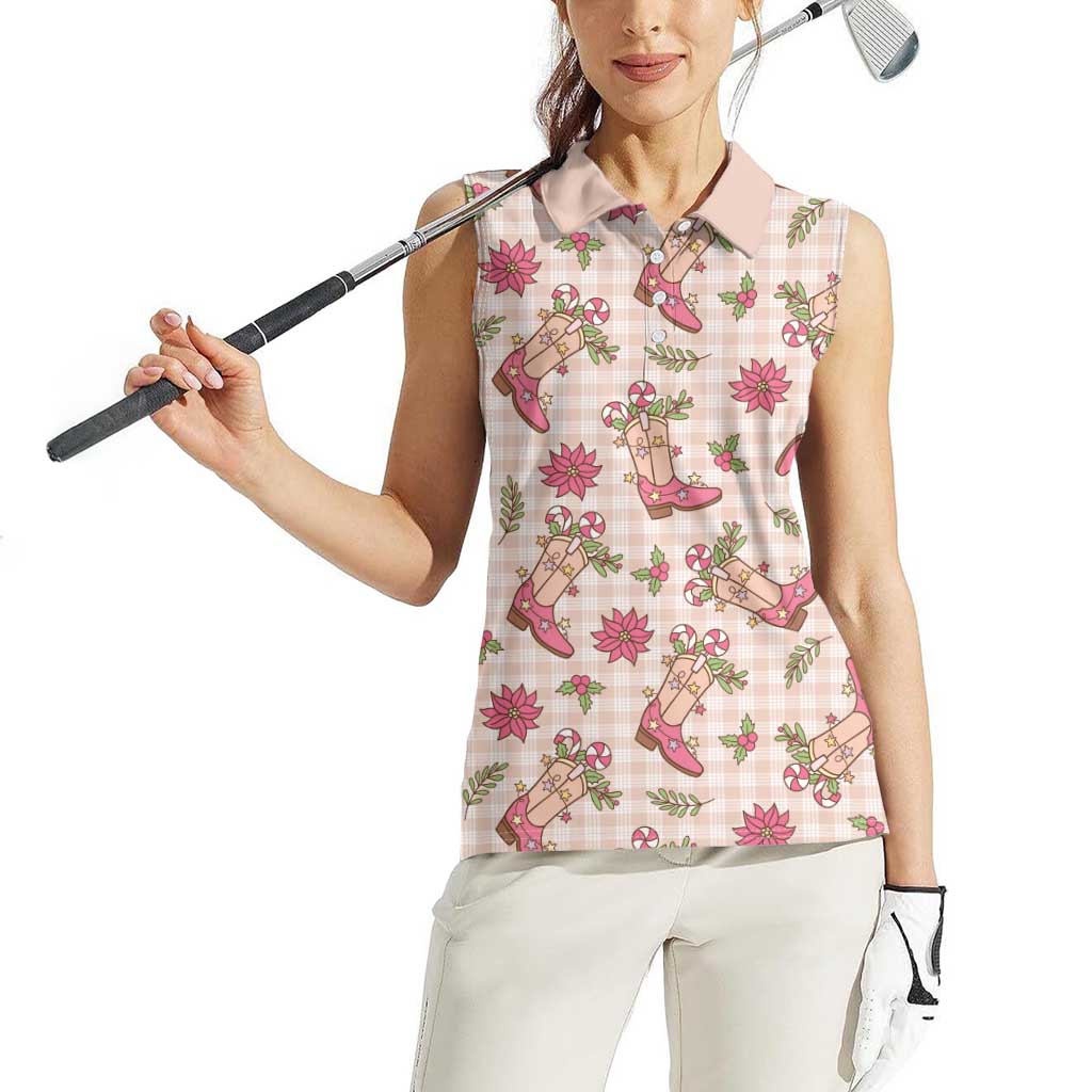 Beige Paniolo Palaka Hawaiian Cowgirl Christmas Women Sleeveless Polo Shirt LT9 - Polynesian Pride