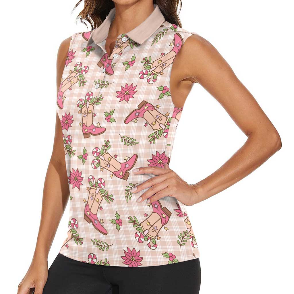 Beige Paniolo Palaka Hawaiian Cowgirl Christmas Women Sleeveless Polo Shirt LT9 - Polynesian Pride