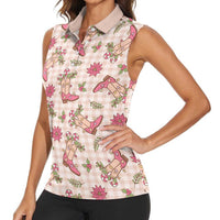 Beige Paniolo Palaka Hawaiian Cowgirl Christmas Women Sleeveless Polo Shirt LT9 - Polynesian Pride