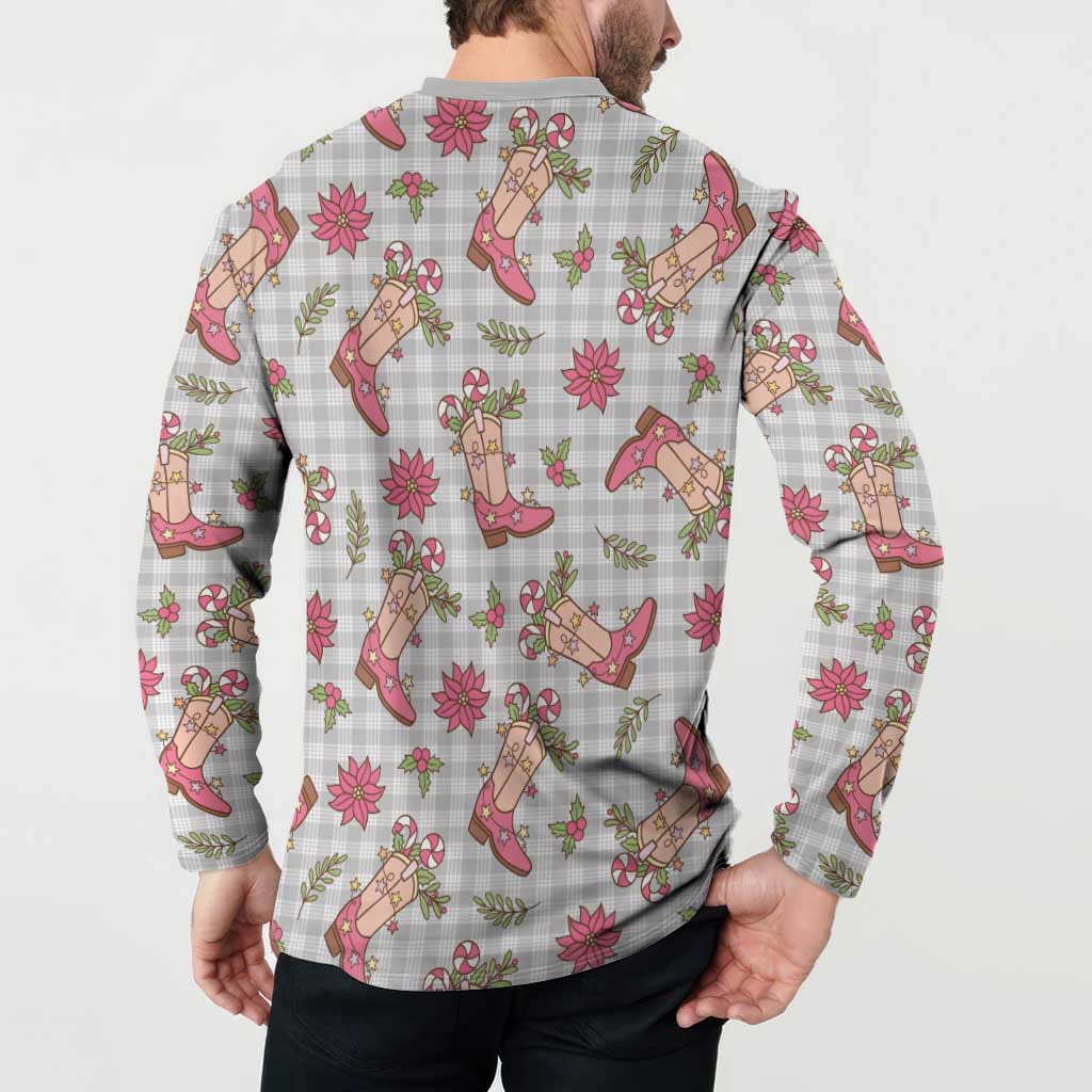 Gray Paniolo Palaka Hawaiian Cowgirl Christmas Button Sweatshirt - Polynesian Pride