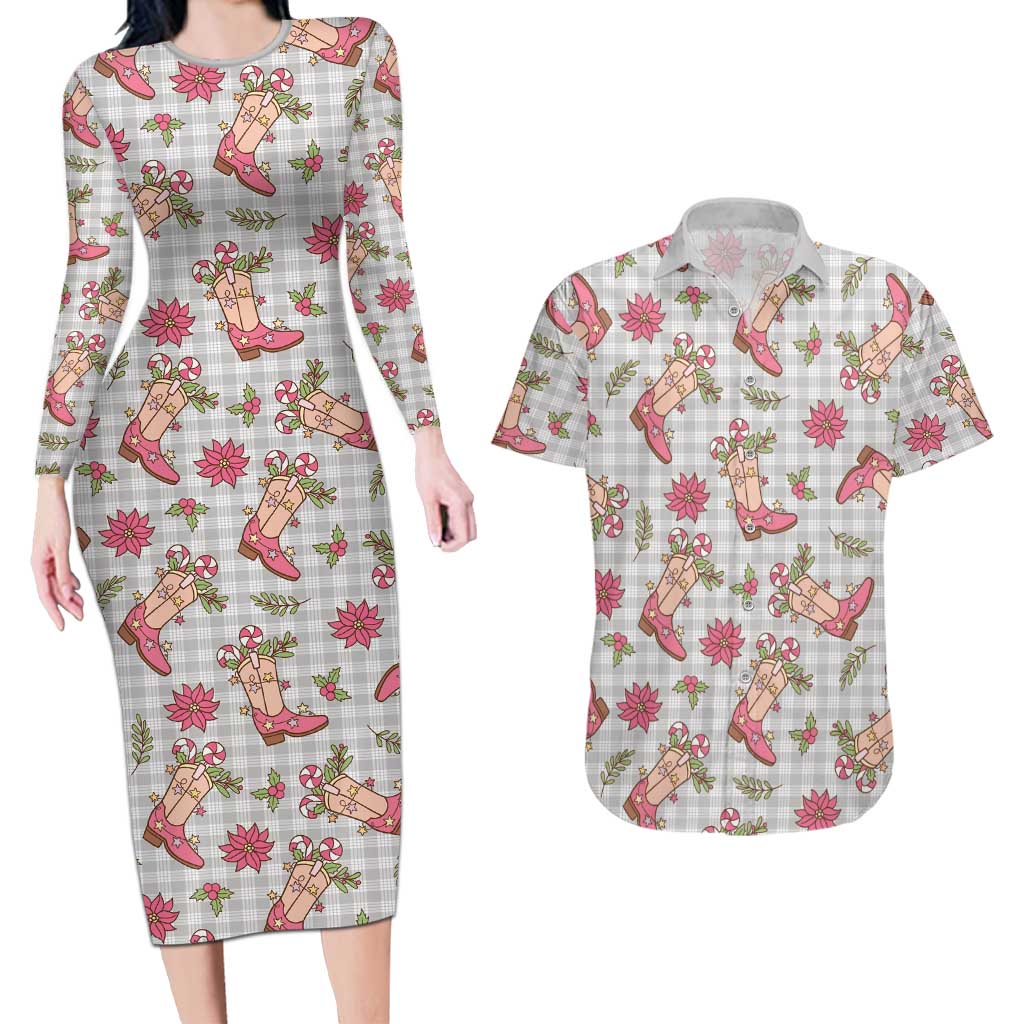 Gray Paniolo Palaka Hawaiian Cowgirl Christmas Couples Matching Long Sleeve Bodycon Dress and Hawaiian Shirt - Polynesian Pride