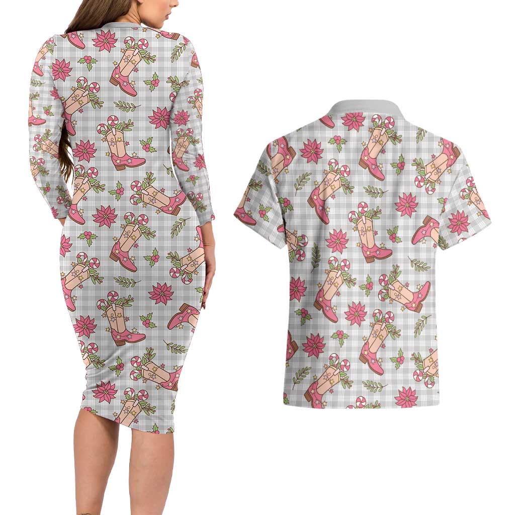 Gray Paniolo Palaka Hawaiian Cowgirl Christmas Couples Matching Long Sleeve Bodycon Dress and Hawaiian Shirt LT9 - Polynesian Pride