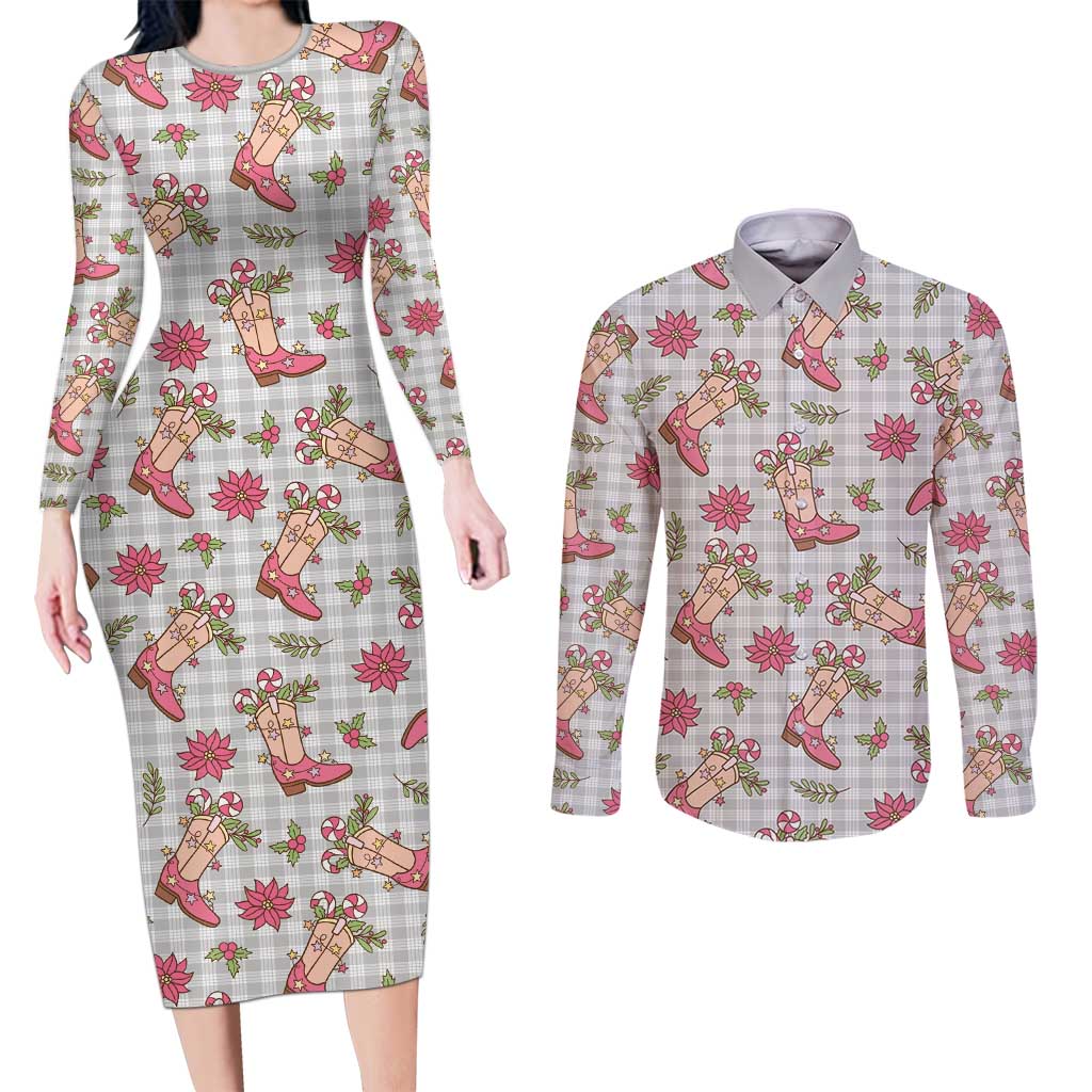 Gray Paniolo Palaka Hawaiian Cowgirl Christmas Couples Matching Long Sleeve Bodycon Dress and Long Sleeve Button Shirt - Polynesian Pride