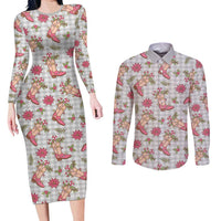 Gray Paniolo Palaka Hawaiian Cowgirl Christmas Couples Matching Long Sleeve Bodycon Dress and Long Sleeve Button Shirt LT9 Gray - Polynesian Pride