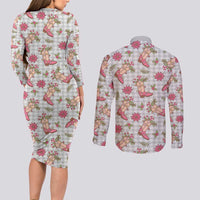 Gray Paniolo Palaka Hawaiian Cowgirl Christmas Couples Matching Long Sleeve Bodycon Dress and Long Sleeve Button Shirt LT9 - Polynesian Pride