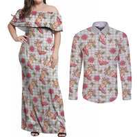 Gray Paniolo Palaka Hawaiian Cowgirl Christmas Couples Matching Off Shoulder Maxi Dress and Long Sleeve Button Shirt LT9 Gray - Polynesian Pride