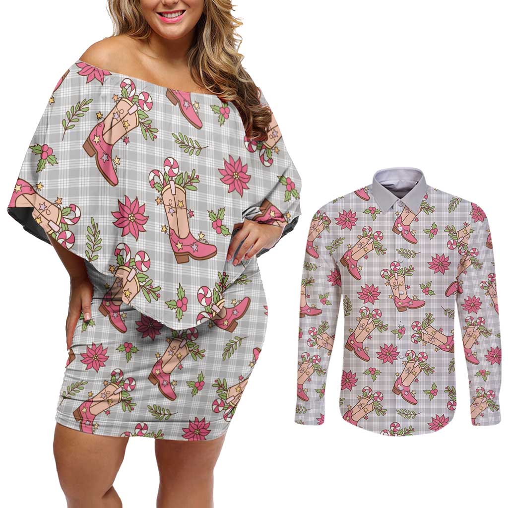Gray Paniolo Palaka Hawaiian Cowgirl Christmas Couples Matching Off Shoulder Short Dress and Long Sleeve Button Shirt LT9 Gray - Polynesian Pride