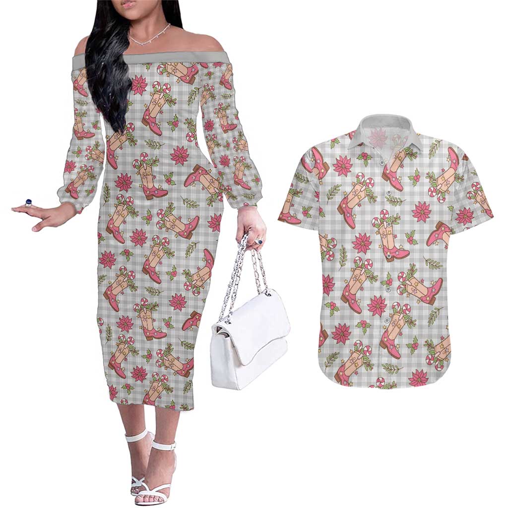 Gray Paniolo Palaka Hawaiian Cowgirl Christmas Couples Matching Off The Shoulder Long Sleeve Dress and Hawaiian Shirt LT9 Gray - Polynesian Pride