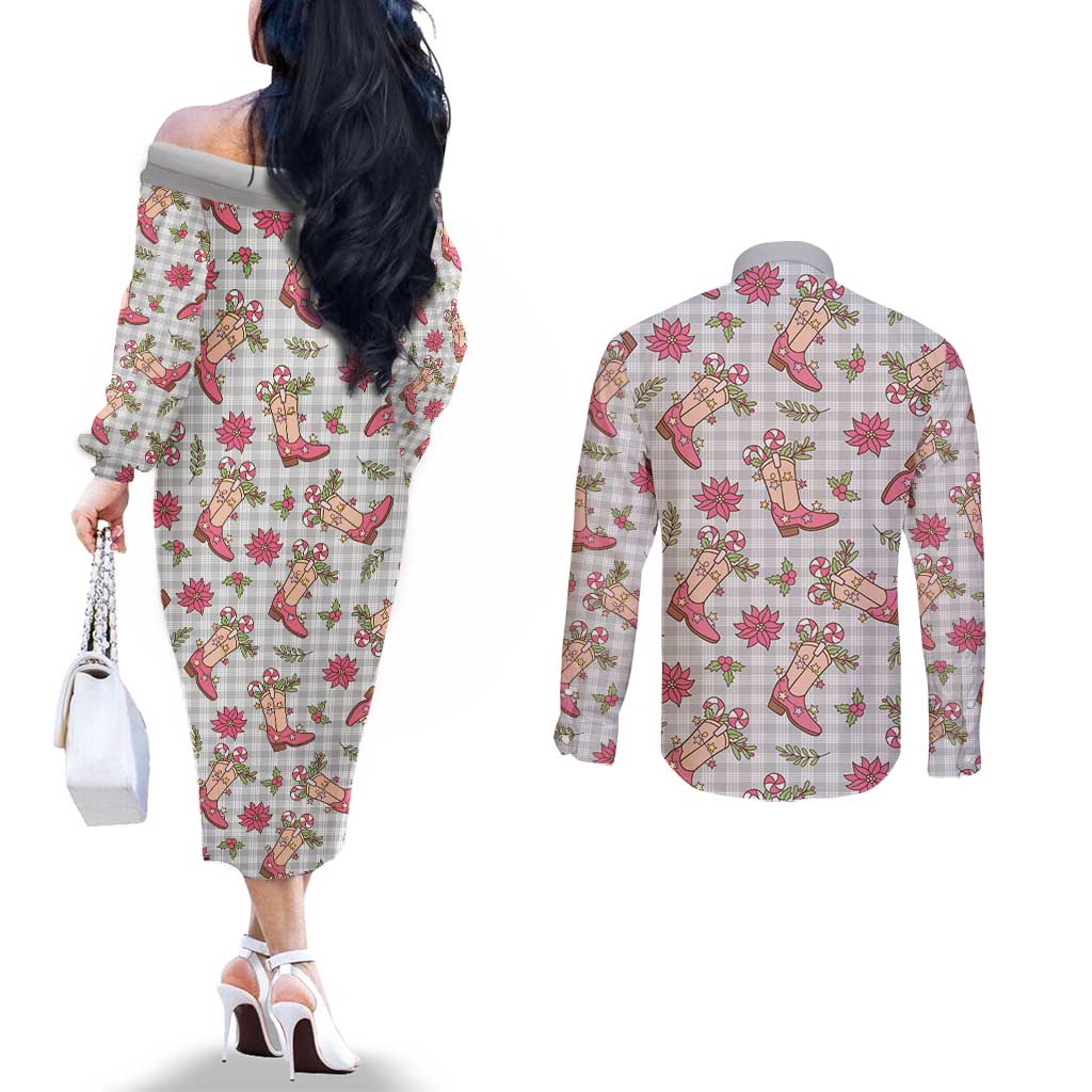 Gray Paniolo Palaka Hawaiian Cowgirl Christmas Couples Matching Off The Shoulder Long Sleeve Dress and Long Sleeve Button Shirt LT9 - Polynesian Pride