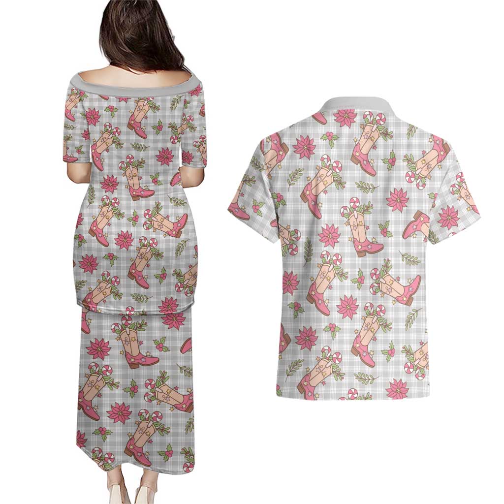Gray Paniolo Palaka Hawaiian Cowgirl Christmas Couples Matching Puletasi and Hawaiian Shirt LT9 - Polynesian Pride