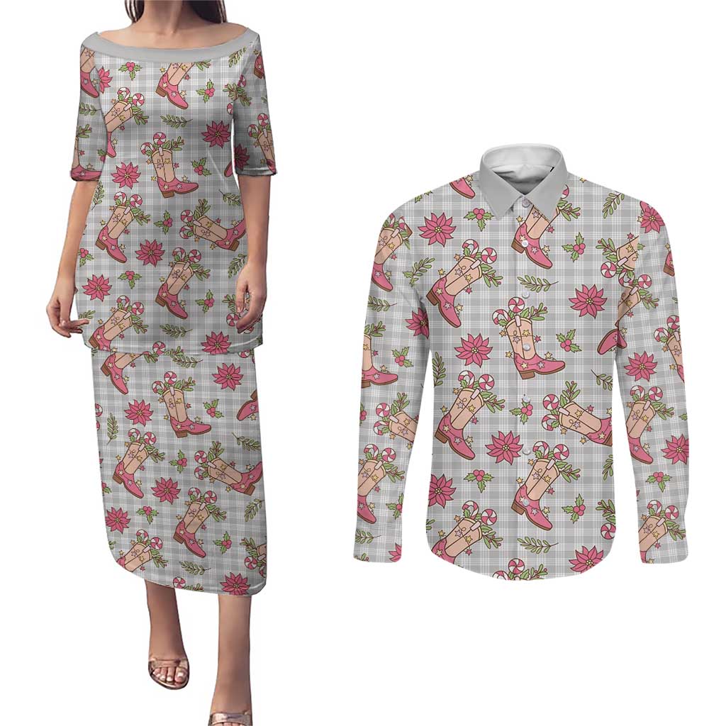 Gray Paniolo Palaka Hawaiian Cowgirl Christmas Couples Matching Puletasi and Long Sleeve Button Shirt LT9 Gray - Polynesian Pride