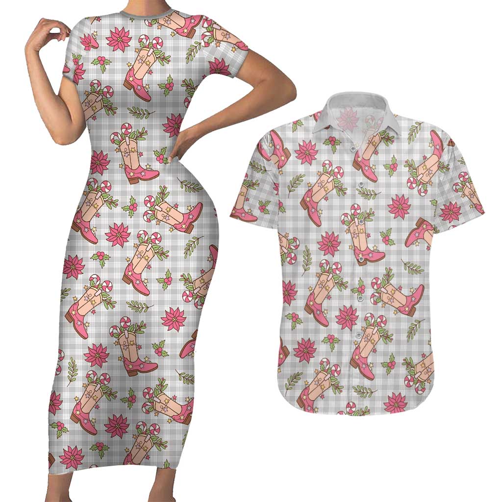 Gray Paniolo Palaka Hawaiian Cowgirl Christmas Couples Matching Short Sleeve Bodycon Dress and Hawaiian Shirt LT9 Gray - Polynesian Pride