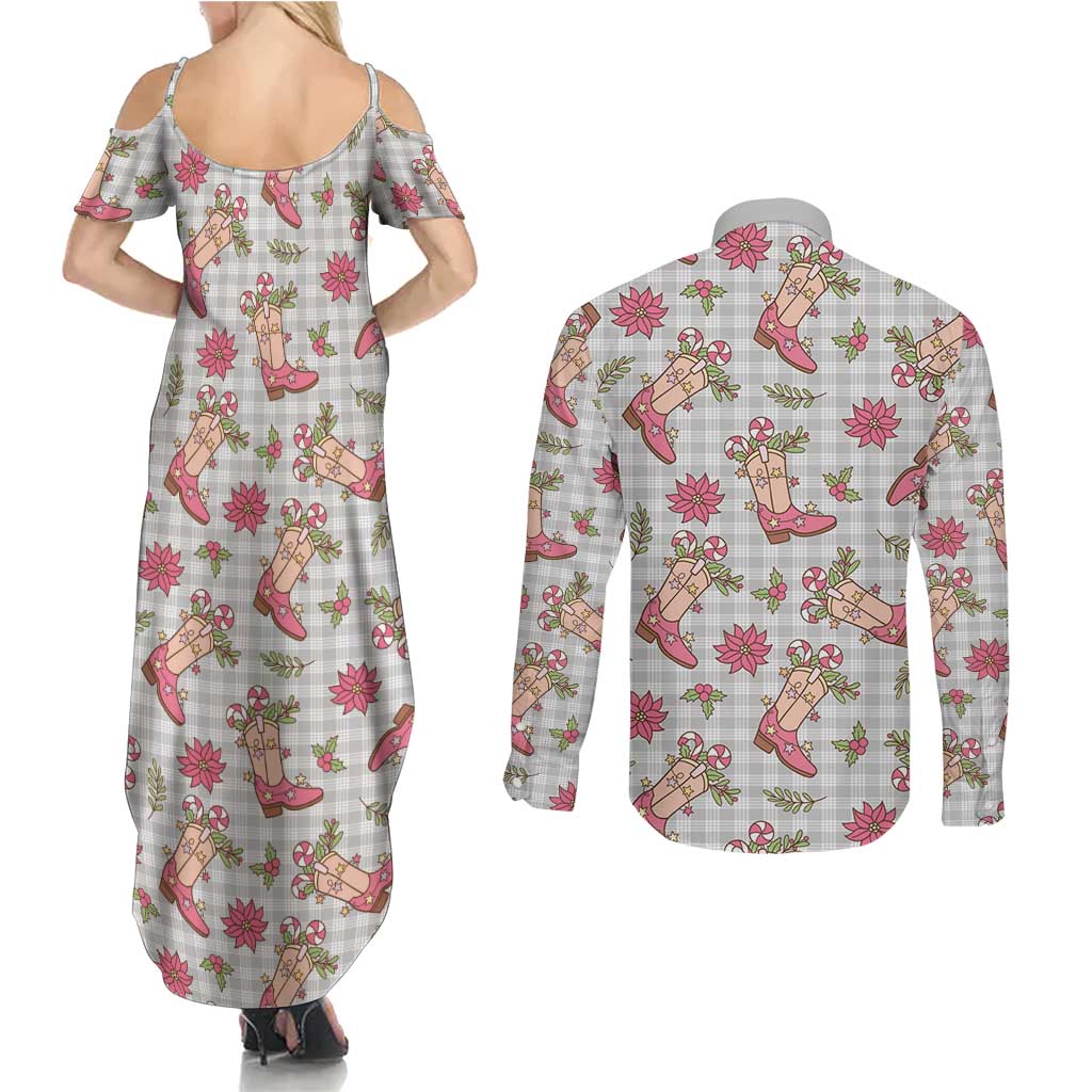 Gray Paniolo Palaka Hawaiian Cowgirl Christmas Couples Matching Summer Maxi Dress and Long Sleeve Button Shirt LT9 - Polynesian Pride