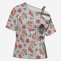 Gray Paniolo Palaka Hawaiian Cowgirl Christmas Cross Shoulder Shirt LT9 Female Gray - Polynesian Pride