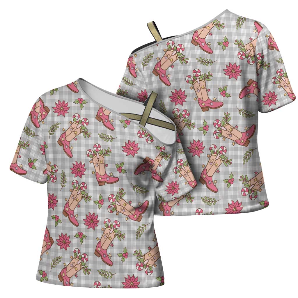 Gray Paniolo Palaka Hawaiian Cowgirl Christmas Cross Shoulder Shirt LT9 - Polynesian Pride