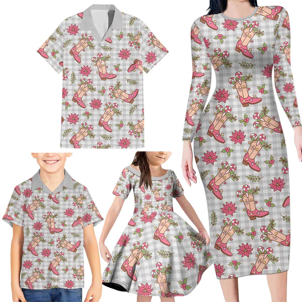 Gray Paniolo Palaka Hawaiian Cowgirl Christmas Family Matching Long Sleeve Bodycon Dress and Hawaiian Shirt LT9 - Polynesian Pride