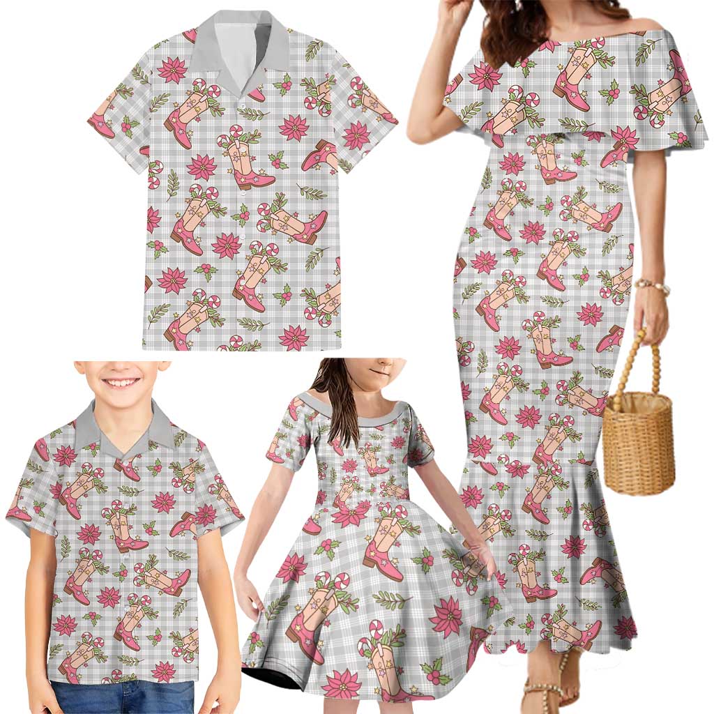 Gray Paniolo Palaka Hawaiian Cowgirl Christmas Family Matching Mermaid Dress and Hawaiian Shirt - Polynesian Pride