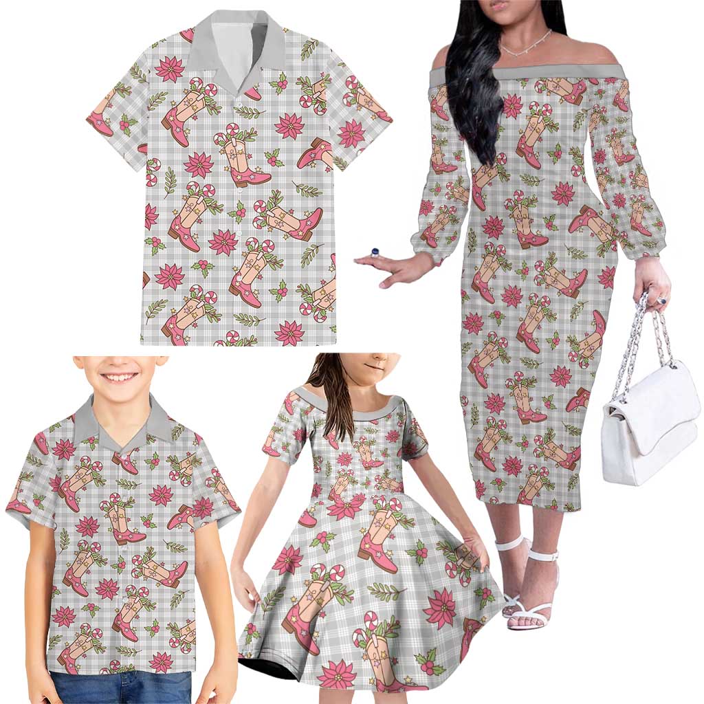Gray Paniolo Palaka Hawaiian Cowgirl Christmas Family Matching Off The Shoulder Long Sleeve Dress and Hawaiian Shirt LT9 - Polynesian Pride
