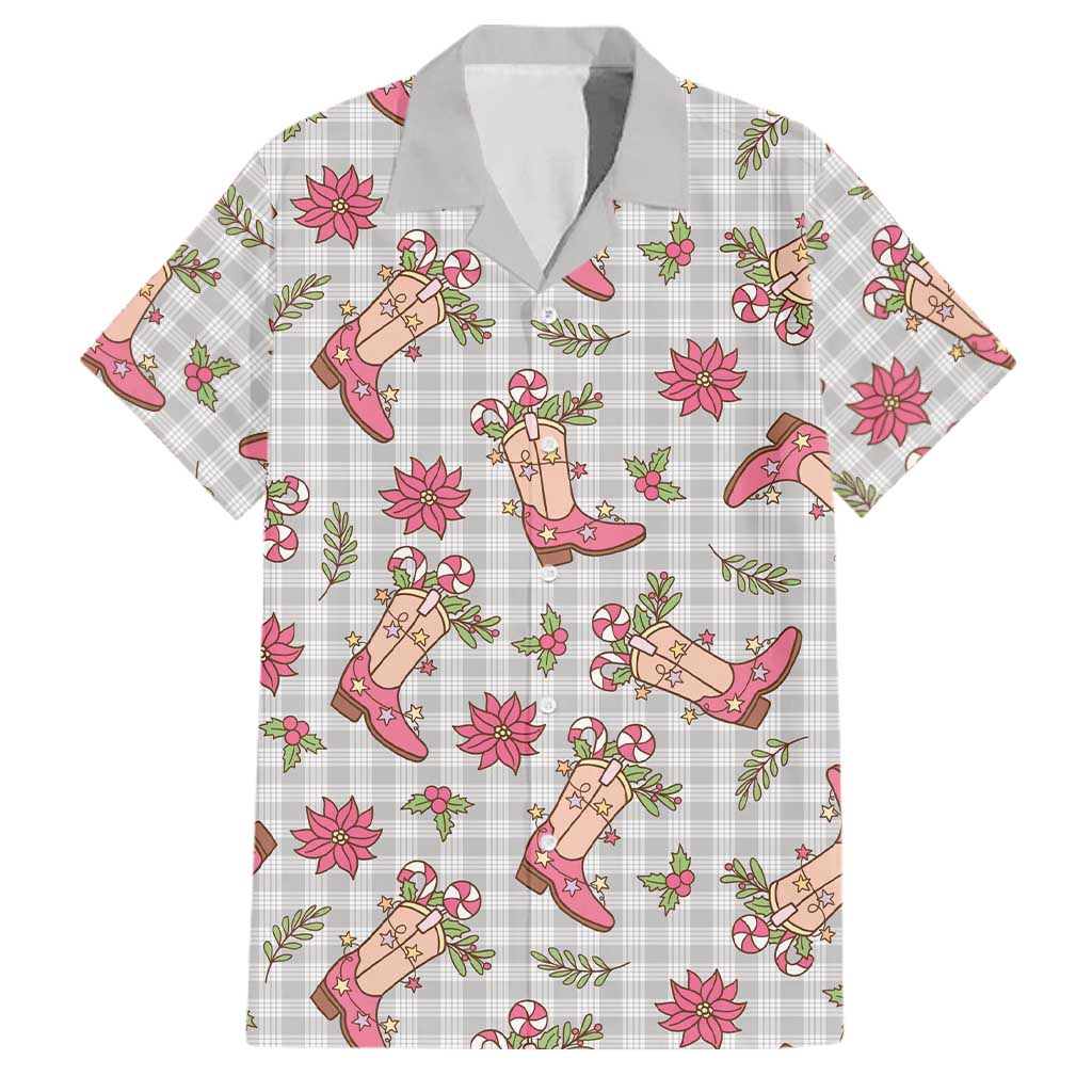 Gray Paniolo Palaka Hawaiian Cowgirl Christmas Family Matching Off The Shoulder Long Sleeve Dress and Hawaiian Shirt LT9 Dad's Shirt - Short Sleeve Gray - Polynesian Pride