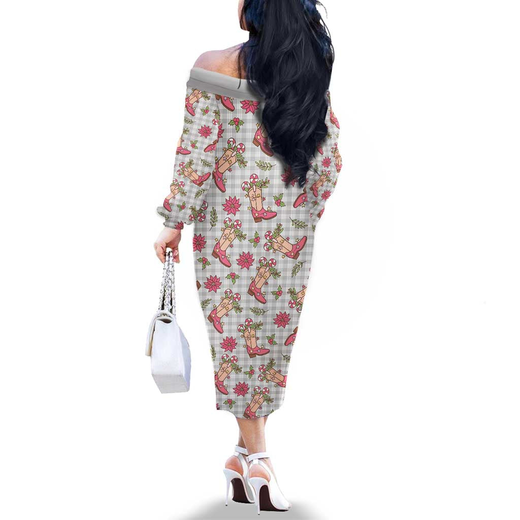 Gray Paniolo Palaka Hawaiian Cowgirl Christmas Family Matching Off The Shoulder Long Sleeve Dress and Hawaiian Shirt LT9 - Polynesian Pride