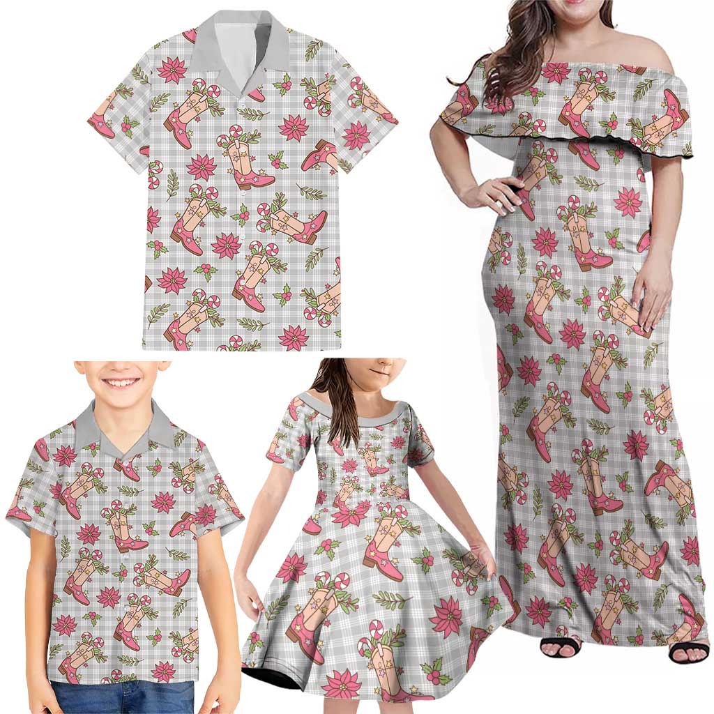 Gray Paniolo Palaka Hawaiian Cowgirl Christmas Family Matching Off Shoulder Maxi Dress and Hawaiian Shirt LT9 - Polynesian Pride